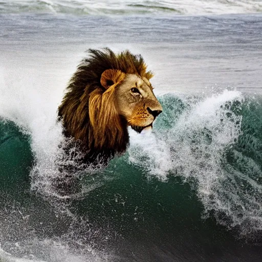 Image similar to a lion's face breaching through a wave, stormy weather