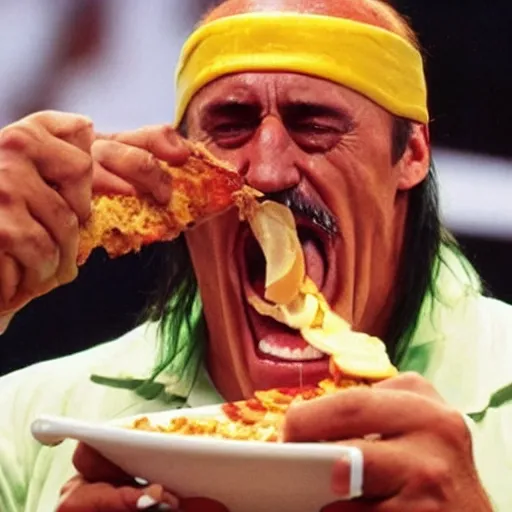 Image similar to hulk hogan crying and eating food,