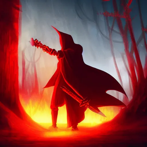 Prompt: red hooded figure with no face summoning skeleton warriors with swords in a demon world, cinematic, 8k, gothic