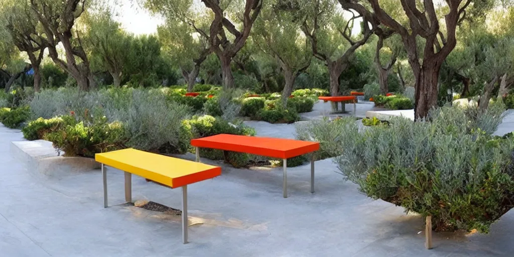 Image similar to creative concrete benches, colorful, olive trees, decking