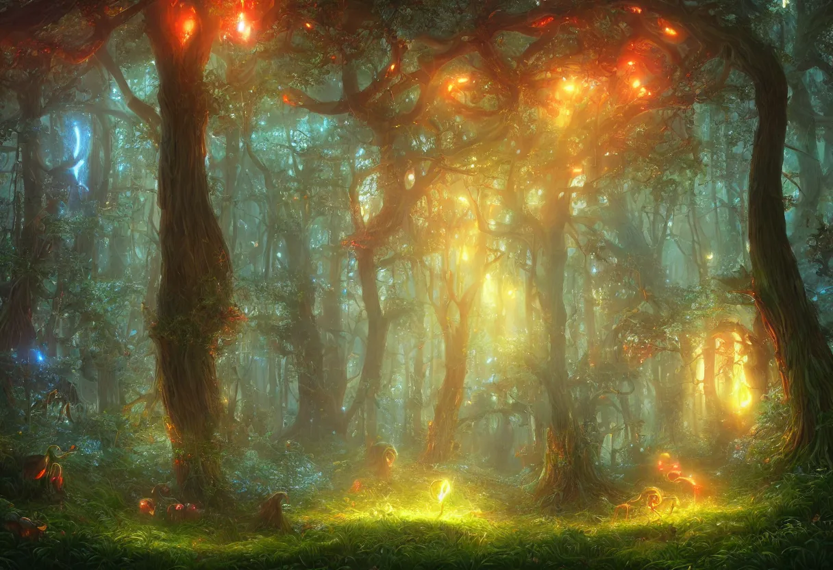 Image similar to A masterpiece digital art piece of a glowing magical forest. There are glowing blue plants, glowing red mushrooms, big trees and overhanging shrubbery. The air is fresh, stress-relieving. Heaven on earth. Trending on Artstation, cgsociety.