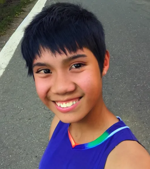 Prompt: a professional portrait of a seventeen year old hispanic filipina girl with a sporty flair, mahogany eyes, dyed rainbow hair in a short spiky pixie cut, a blue tank top, a confident smile, athletic, track star, five feet tall, athletic, warm brown eyes