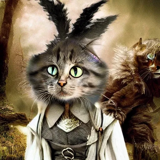 Image similar to if cats were lord of the rings characters, lotr, cats, cats dressed in lotr costumes, hobbits, gandalf, elves, dwarves, 4 k, hyper realistic, artstation