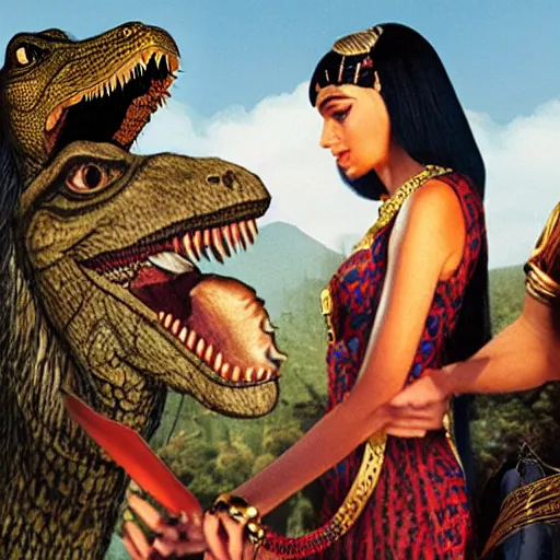 Image similar to cleopatra living with the dinosaurs