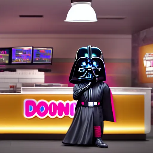 Image similar to darth vador working at dunkin donuts , 8k cinematic lighting, very sharp detail, anatomically correct