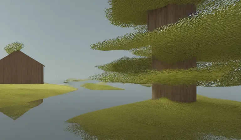 Prompt: A serene landscape with a singular building in the style of raytracing