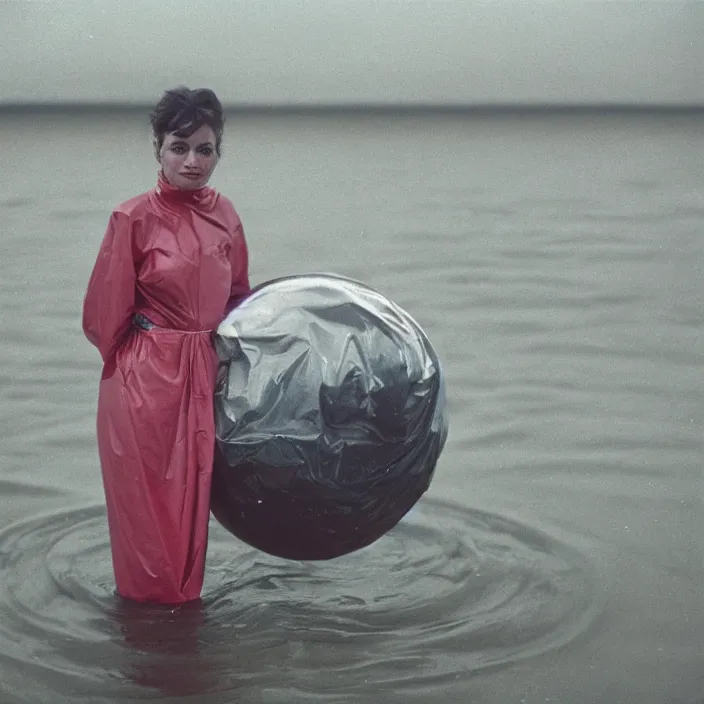 Image similar to a closeup portrait of a woman wrapped in plastic, standing in front of flooded saturn covered in water, color photograph, by vincent desiderio, canon eos c 3 0 0, ƒ 1. 8, 3 5 mm, 8 k, medium - format print