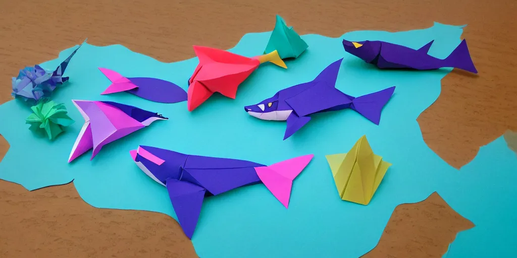 Image similar to paper craft diorama of an underwater party with origami sharks and a mermaid