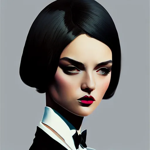 Image similar to aristocrat young female in black tuxedo, evil, vicious, muted colors, matte print, pastel colors, 2d, ultra highly detailed, smooth, sharp focus, digital art, digital painting, fan art, elegant, artstation, head is centered, by Ilya Kuvshinov