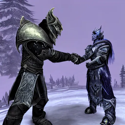 Prompt: arthas menethil shaking hands with skyrim's dragonborn