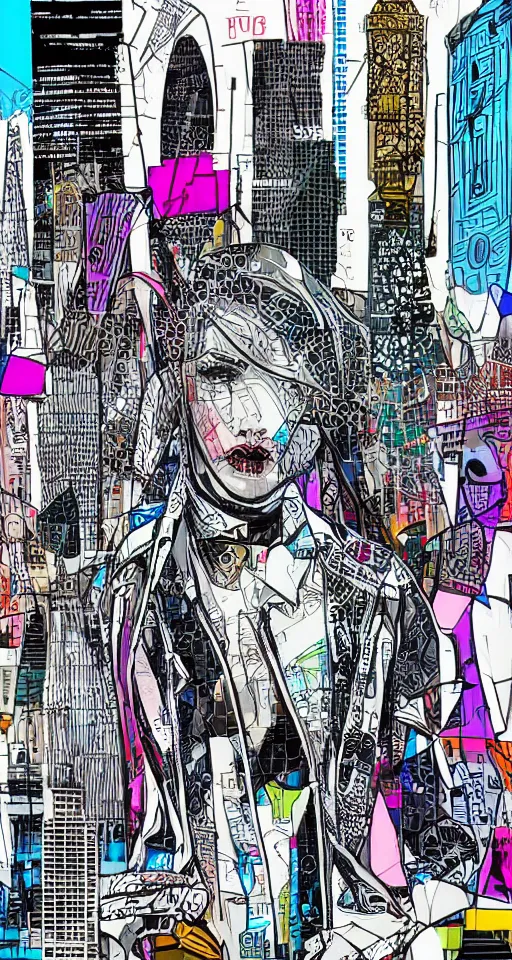 Image similar to cypherpunk fashion illustration, camera face, pop art, city street background with high tall buildings, central park, abstract portrait highly detailed, finely detailed, shadows realism