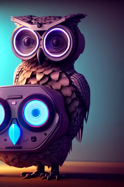 Image similar to high quality 3 d render very cute cyborg owl! with boombox!, cyberpunk highly detailed, unreal engine cinematic smooth, in the style of blade runner & detective pikachu, hannah yata charlie immer, moody light, low angle, uhd 8 k, sharp focus