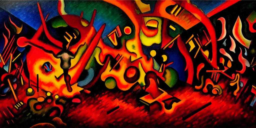 Image similar to trapped on a hedonic treadmill, dark uncanny surreal painting by ronny khalil, and kandinsky, dramatic lighting from fire glow, mouth of hell, ixions wheel