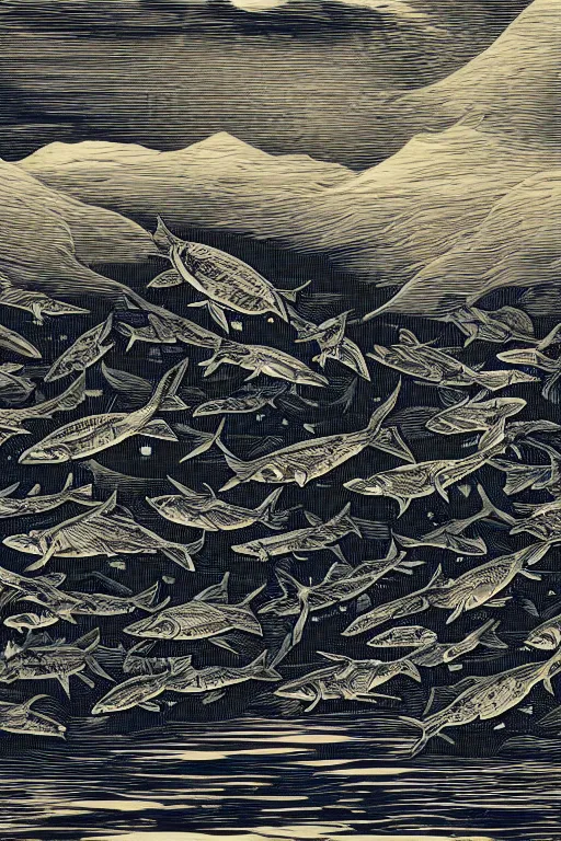 Image similar to a beautiful wood engraving on paper of a school of fish, 8 k, frostbite 3 engine, cryengine, dof, trending on artstation, digital art, crepuscular ray