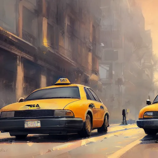 Image similar to a couple of taxis waiting for gas by greg rutkowski