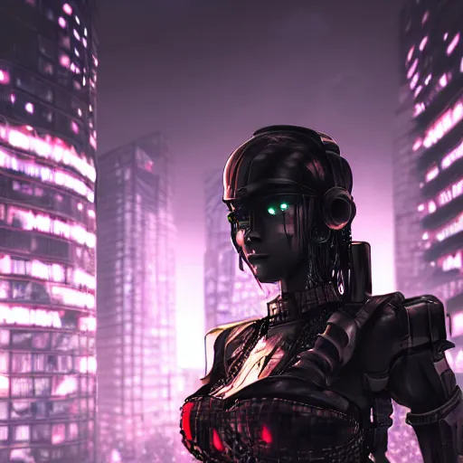 Prompt: A fantasy book style of a cyberpunk warrior girl wearing black & reddish mecha cyber suit, symmetrical face, on rooftop Tokyo cyberpunk feel night, dramatic light, rim light, unreal engine render, octane render, hyperrealism