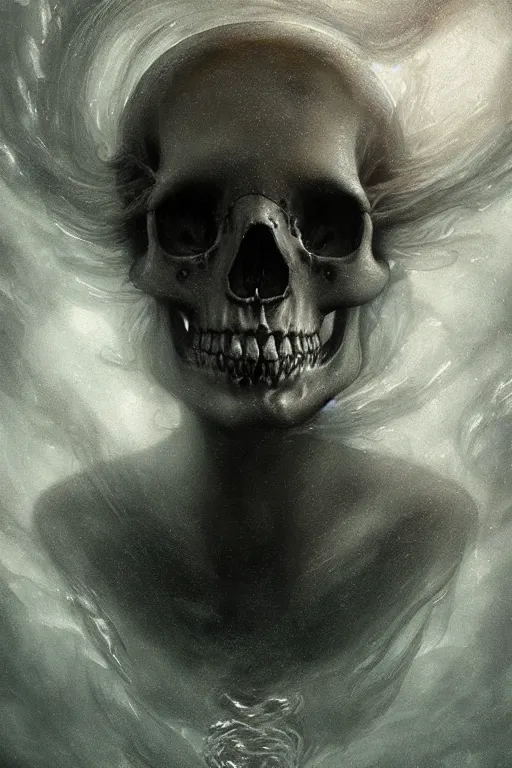 Image similar to a human skull floating in deep dark murky water!!!, underwater atmospheric moody, dark surreal mood! cinematic volumetric lights, bust portrait, dnd, fantasy, intricate, elegant, highly detailed, digital painting, artstation, concept art, smooth, sharp focus, illustration, art by artgerm and tom bagshaw and greg rutkowski and alphonse mucha
