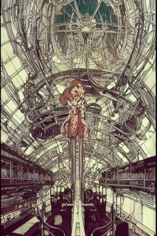 Prompt: front view on steampunk airplane hallway, kid and mad scientist walking, giant video screens, sci - fi, big interior plants, retrofuturism, concept art by mucha and moebius and victo ngai, architecture by francois schuiten, clean line, diesel punk, artstation