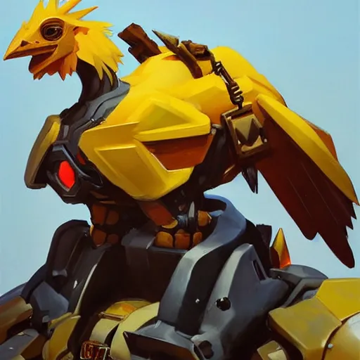 Image similar to greg manchess portrait painting of fully armored chocobo as overwatch character, out of control, medium shot, asymmetrical, profile picture, organic painting, sunny day, matte painting, bold shapes, hard edges, street art, trending on artstation, by huang guangjian and gil elvgren and sachin teng