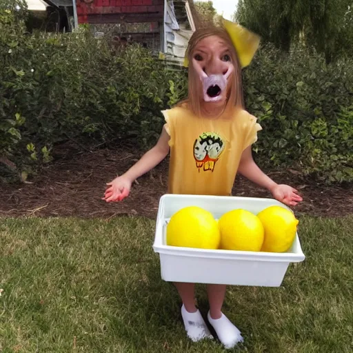 Prompt: Lemon Demon caught you stealing from the lemonade stand, realistic photo