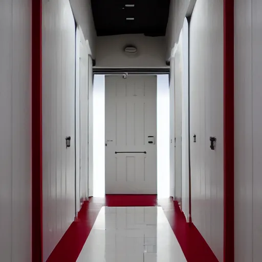 Image similar to a very long featureless white hallway with a single red door at the end, liminal space,