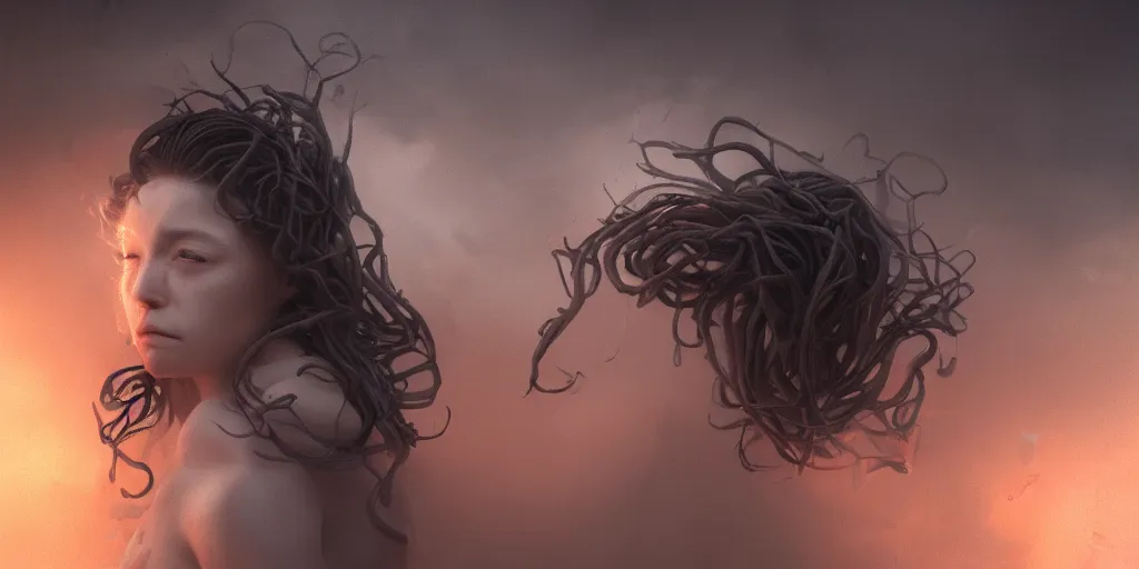 Prompt: portrait painting of Medusa, wind kissed ashes, lament, Medusa , thunderstorm, photorealism, concept art, cinematic atmosphere, volumetric lighting, octane render, 4k, digital painting,-H 1024