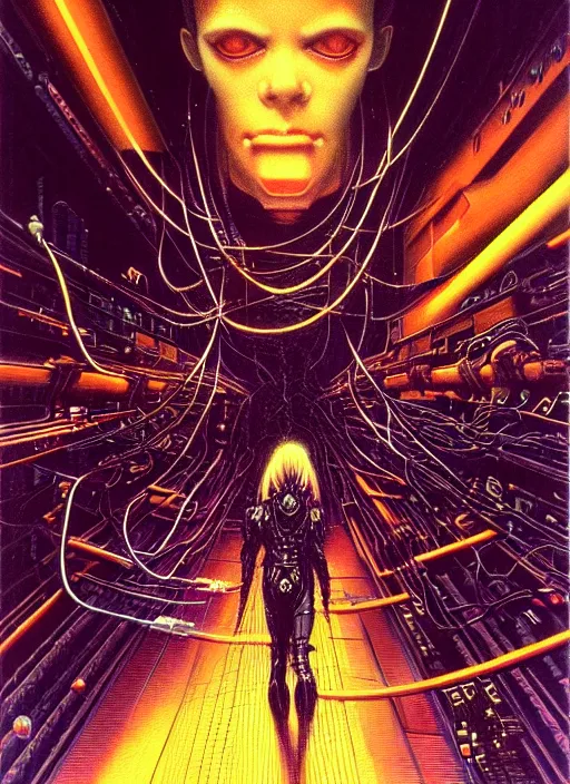 Prompt: dark cyberpunk coder, a lot of cables around, scifi game poster 9 0 s, by francis bacon, by ayami kojima, by amano, by karol bak, greg hildebrandt, by mark brooks, by alex grey, by zdzisław beksinski, by takato yamamoto, radiant colors, ultra detailed, high resolution, wrapped thermal background