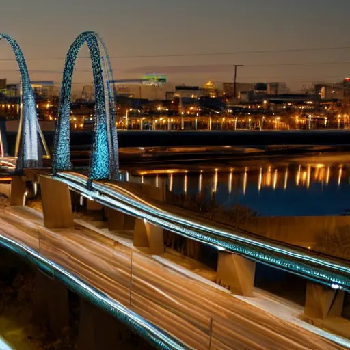 Image similar to futuristic provencher bridge in winnipeg manitoba, victor einrich, gregory crewdson, ian mcque, liam wong, simon stalenhag,