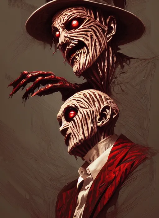 Prompt: freddy krueger, creepy, intricate, elegant, highly detailed, digital painting, artstation, concept art, smooth, sharp focus, illustration, art by artgerm and greg rutkowski and alphonse mucha