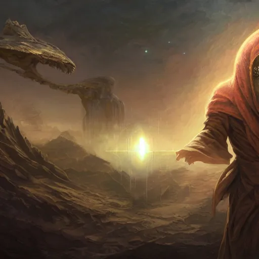 Image similar to masked nomad male wearing a cloak on an alien world and holding a holographic planet projection in his hand, detailed, sci - fi, digital painting, artstation, sharp focus, illustration, ominous, artgerm, tomasz alen kopera, peter mohrbacher, donato giancola, joseph christian leyendecker, wlop, frank frazetta