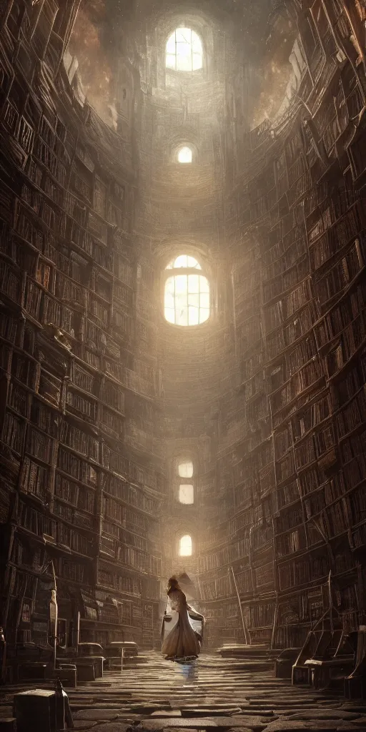 Prompt: walking into the infinite celestial library, endless books, sublime, cinematic lighting, watercolor, dark souls, bloodborne, matte painting,