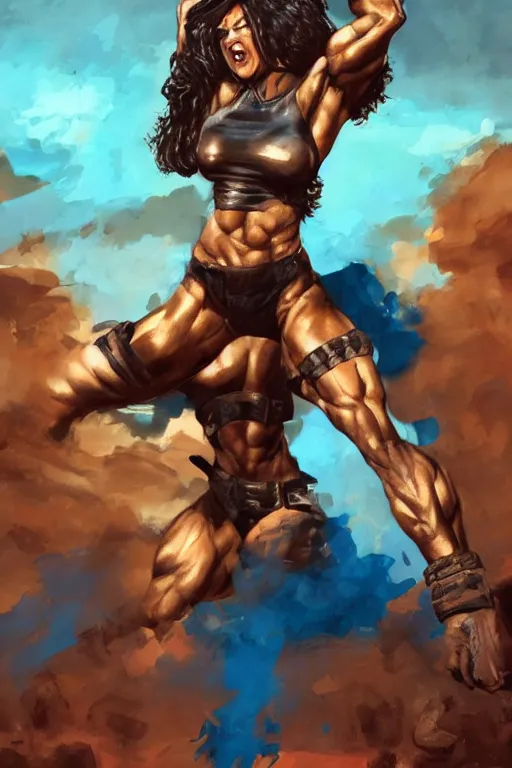 Prompt: a hyper muscular woman, bronze - skinned, blue - eyes, wearing a black cropped tank top, military pants, brown boots, wrapped arms, wavy big red hair, 8 0's hairstyle, tiger spots over the face, red lips, action pose, art by tetsuo hara, trending on art station, illustration, action scene, full body