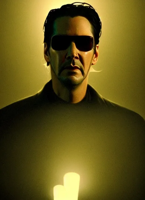 Prompt: screenshoot from david lynch weird movie, face centered portrait of keanu reeves in matrix movie, confident, fog, rain, volumetric lighting, beautiful, golden hour, sharp focus, ultra detailed, cgsociety by leesha hannigan, ross tran, thierry doizon, kai carpenter, ignacio fernandez rios, noir photorealism, film