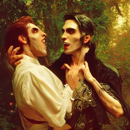 Image similar to attractive male fairy of the forest confesses his love to attractive male dracula the vampire. highly detailed painting by gaston bussiere, craig mullins, j. c. leyendecker 8 k