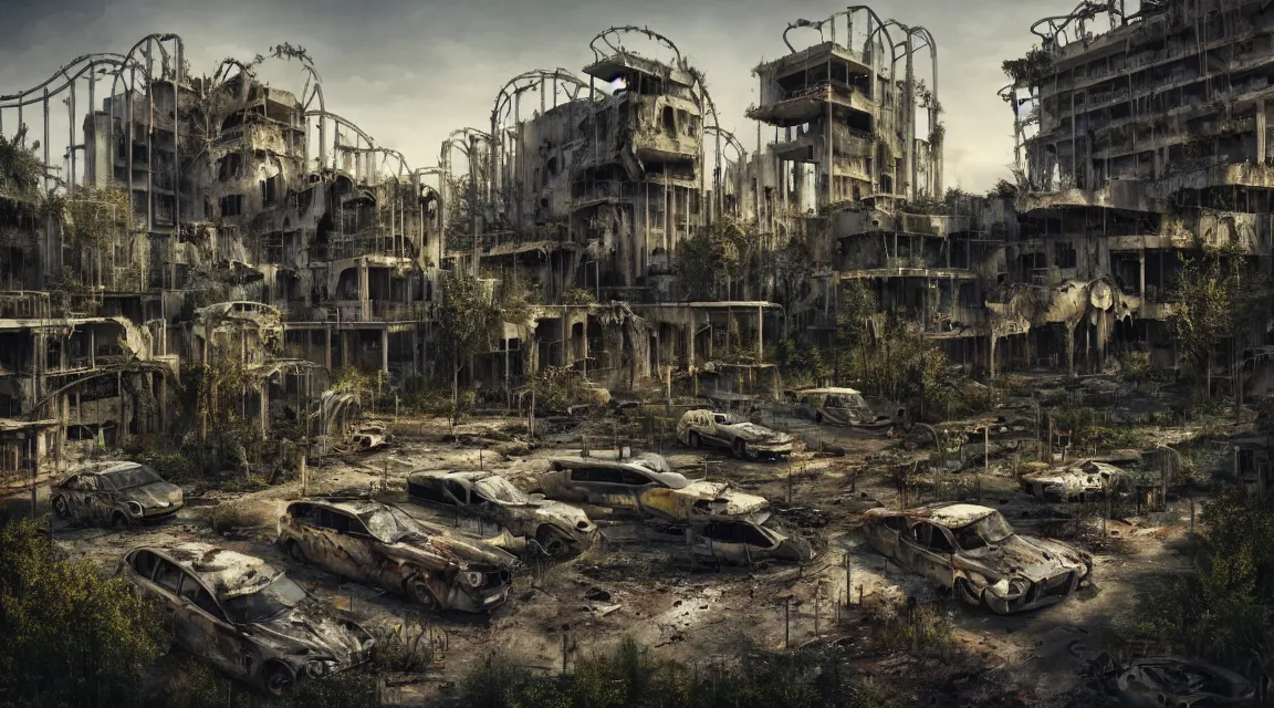 Prompt: post apocalyptic theme park, morning, building, avenue, modern contemporary urban americana concrete architecture, by ricardo bofill, apocalyptic color palette, trending on artstation, photorealistic, wilderness ambiance, ultra detailed, high definition, depth of field, bokeh, rubble, wild vegetation, blood stains, building crumbling