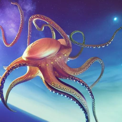 Image similar to a stunning rendition of an octopus wearing a space helmet, LED visor, hyperrealistic, octane render, pearlescent skin, floating in space