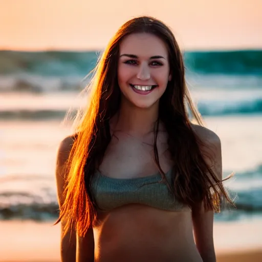 Image similar to Cute young woman, long shiny bronze brown hair, green eyes, cute freckles, soft smile, golden hour, beach setting, medium shot, mid-shot