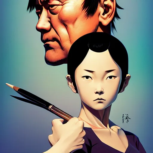 Image similar to stable diffusion stealing jobs from designers, digital painting masterpiece, by ilya kuvshinov, by frank frazetta, by mœbius, by reiq, by hayao miyazaki, intricate detail, beautiful brush strokes, advanced lighting technology, 4 k wallpaper, interesting character design, stylized yet realistic anatomy and faces, inspired by kill bill animated scene