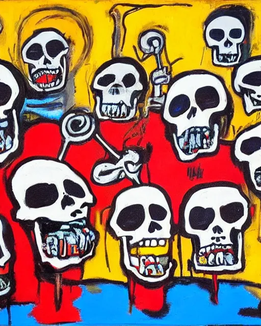 Image similar to oil neo expressionism painting of skull skeletons singing in the choir by basquiat