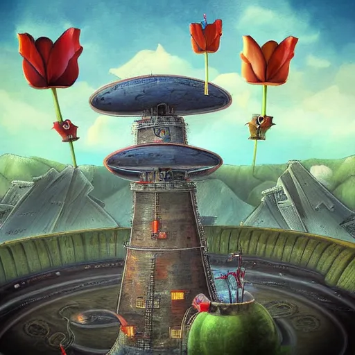 Prompt: flying tulip steam fortress, fantasy art, sky in the background, detailed, behrens style