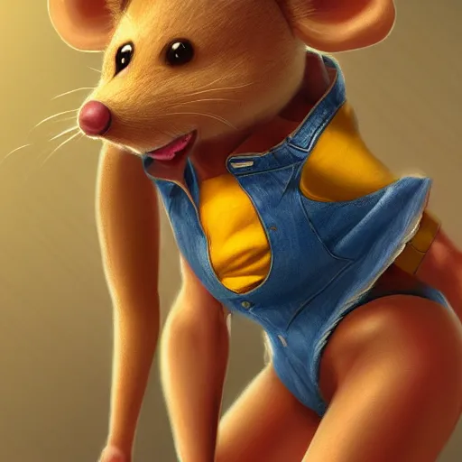 Image similar to anthropomorphic mouse wearing denim short shorts and yellow tank top, highly detailed, artgerm style, artstation, soft light, sharp focus, illustration, character design, concept art