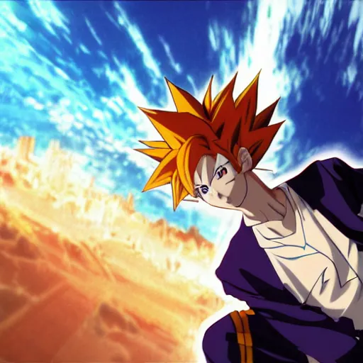 Prompt: 1 7 - year - old orange - gold haired anime boy wearing blue jacket, spiky hair, super saiyan aura, floating above roof, futuristic city in background, 2 0 0 1 anime, subsurface scattering, intricate details, art by toei, art by studio gainax, studio trigger art