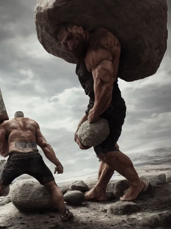 Image similar to a muscular man wearing torn clothes carrying a giant stone on his back, big beard, bold, hyperrealistic, concept art, octane render, unreal engine 5, trending on artstation, high quality, 8 k, anatomically correct, five fingers, digital art, symmetrical, low contrast, epic scene, cinematic, dramatic lighting, high coherence