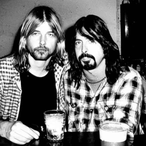 Image similar to Photo of Kurt Cobain and Dave Grohl drinking pints in a bar