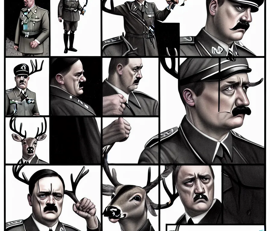 Image similar to character study of mike patton and hitler mixed, killing a deer with a knife | vivid colors : storyboard, concept design, realistic. by gabriel hardman, joe alves, j. todd anderson, chris bonura. cinematic atmosphere, detailed and intricate, perfect anatomy