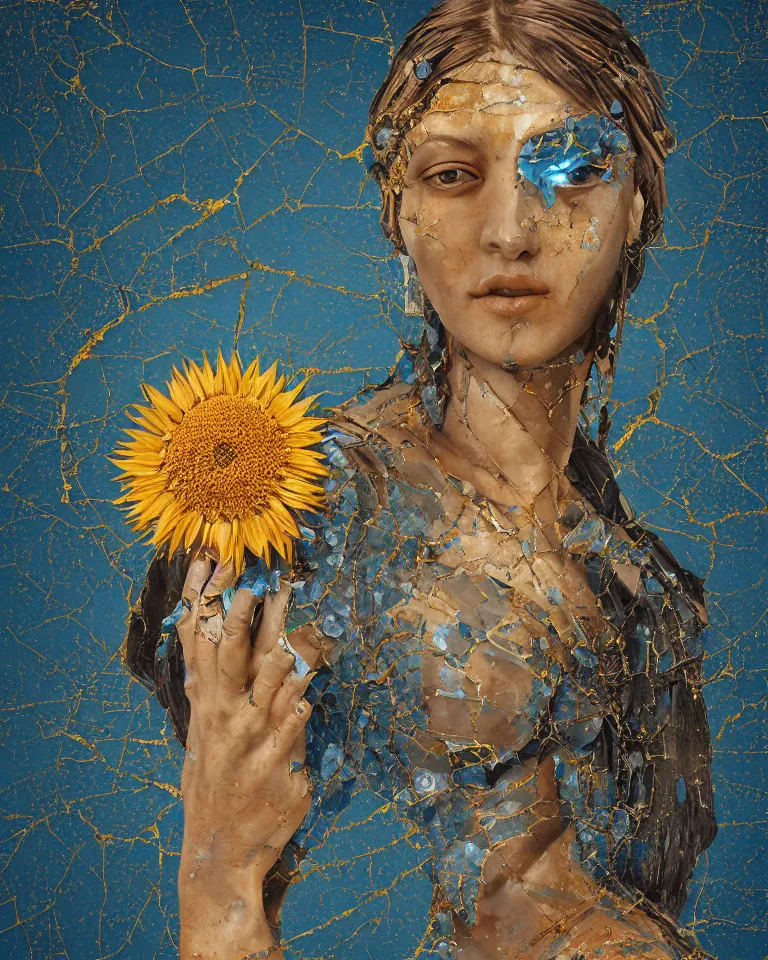 Image similar to symmetrical painting of a fractured obsidian greek woman statue of a topaz spikes sunflowers lightblue dripping paint fixed with kintsugi, rendered in octane trending on cgsociety. extremely detailed and intricate art