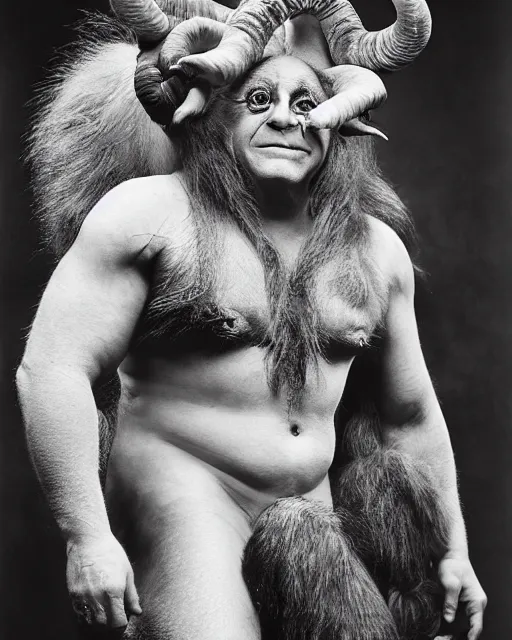 Prompt: actor Danny Devito in Elaborate Pan Satyr Goat Man Makeup and prosthetics designed by Rick Baker with young blonde Steve Reeves as Hercules, Hyperreal, Photographed in the Style of Annie Leibovitz, Studio Lighting