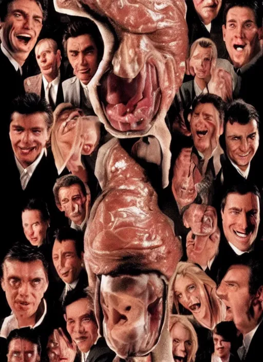 Prompt: an ExistenZ (1999) movie poster composed entirely of Flesh and human teeth, highly detailed