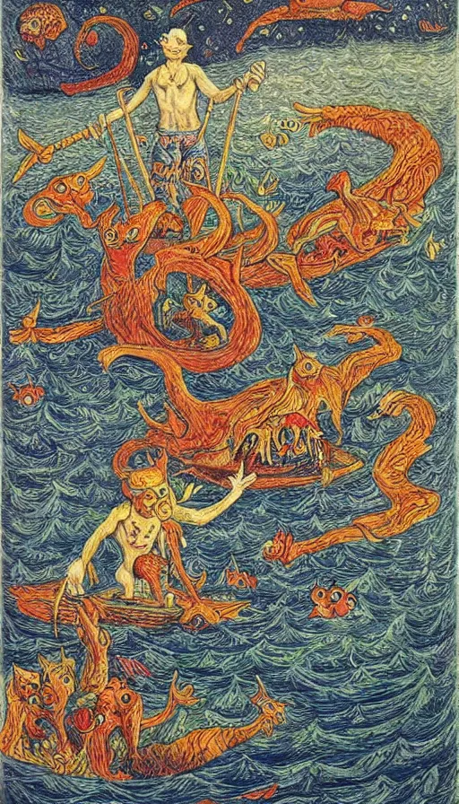 Image similar to man on boat crossing a body of water in hell with creatures in the water, sea of souls, by louis wain