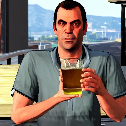 Image similar to michael from gta v drinking alcohol